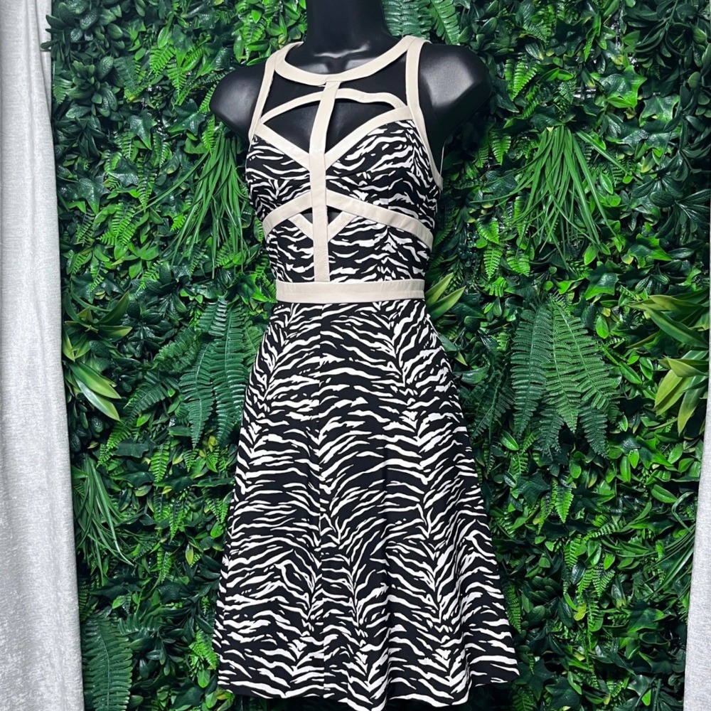 Rebecca Taylor Dress Size 4 Silk Lamb Leather Zebra Print Fit & Flare 4221
